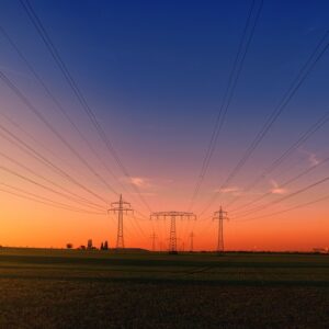 sunset, countryside, power lines, power poles, nature, high-voltage pylons, electricity pylons